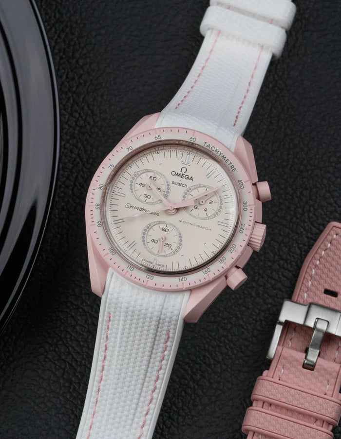 Premium Curved Rubber Strap - White and Pink Dots