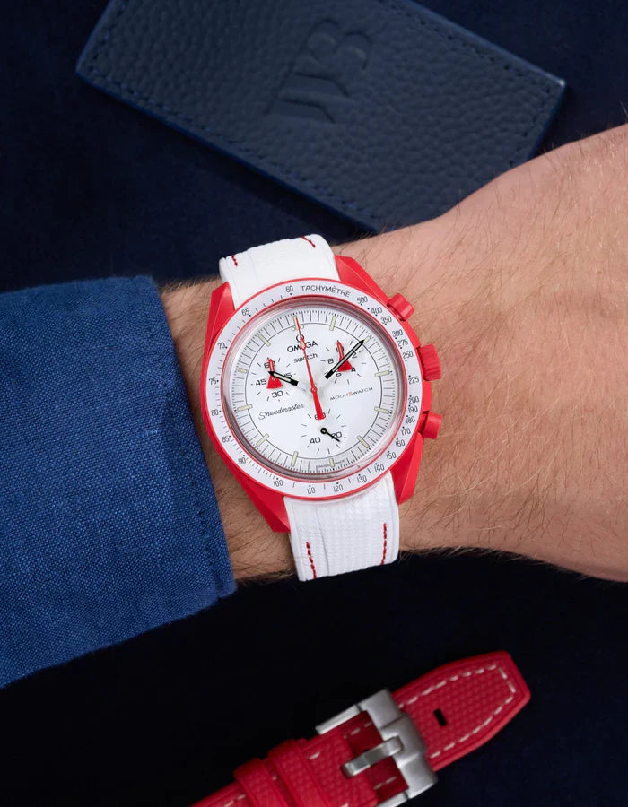 Premium Curved Rubber Strap - White and Red Dots